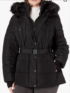 London Fog Black Quilted Hooded Puffer Coat with Faux-Fur Trim